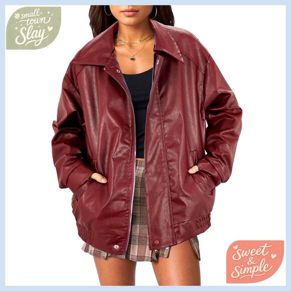 Oversized Faux Leather Bomber Jacket Motorcycle Style Women's Winter Coat